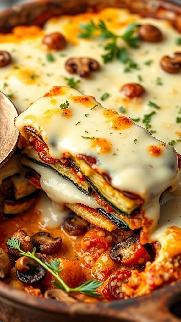 Layered vegetable moussaka featuring eggplant, zucchini, and béchamel sauce, served in a rustic dish.